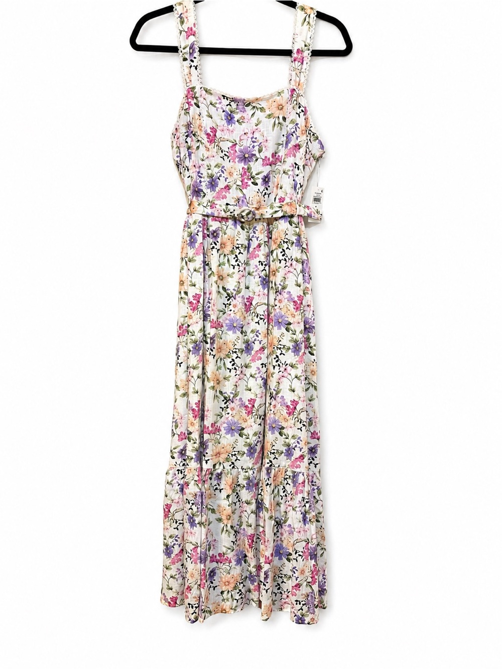 CeCe Women's Linen-Blend Floral Smocked Back Belted Linen Midi Dress